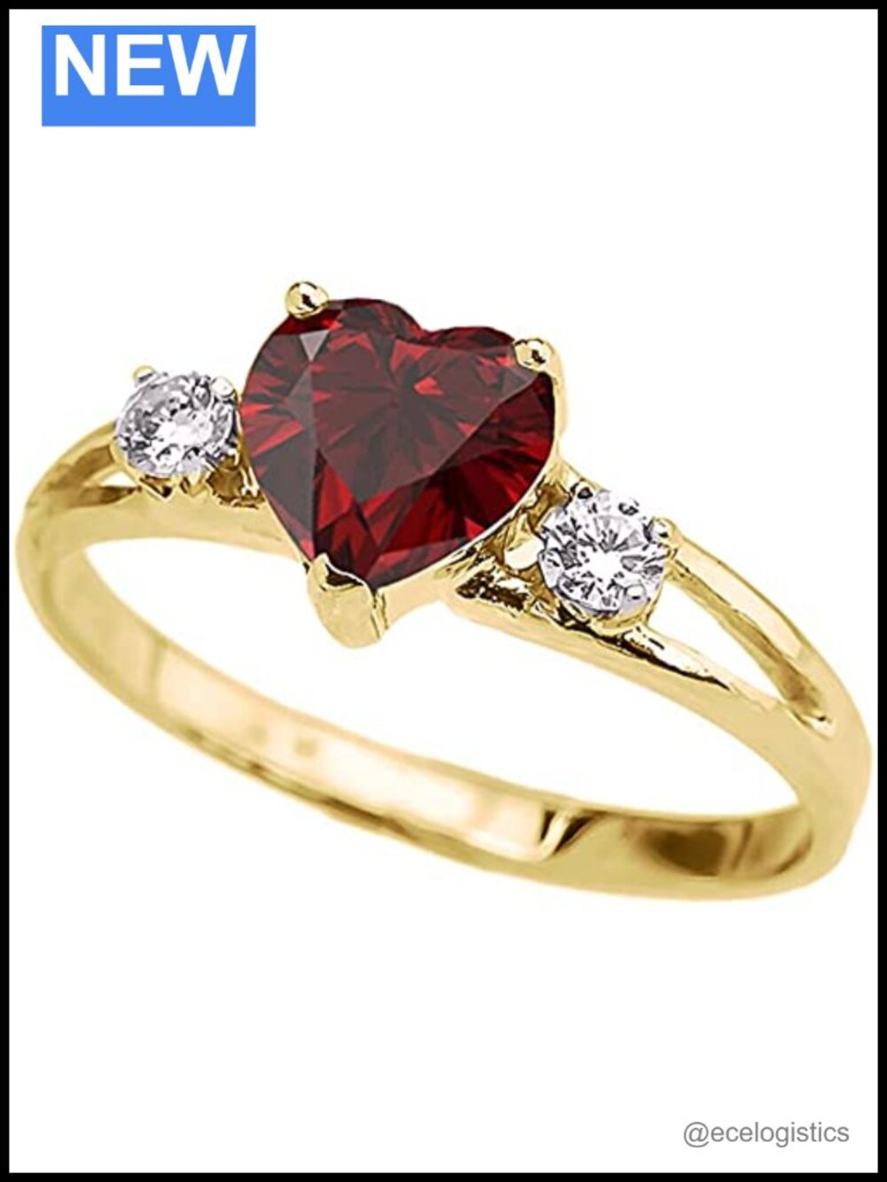 14k Yellow Gold Heart Garnet White Topaz Split Shank Three Stone Ring Size 8